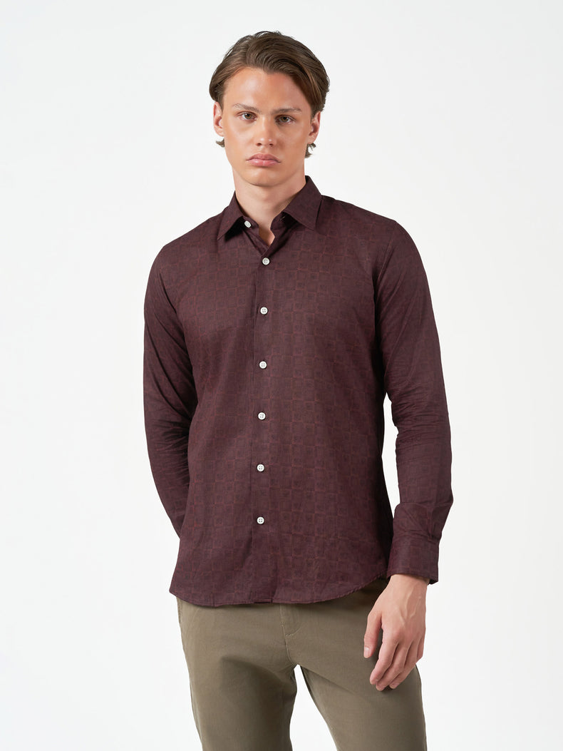 Maroon Textured Party Wear Long Sleeve Shirt