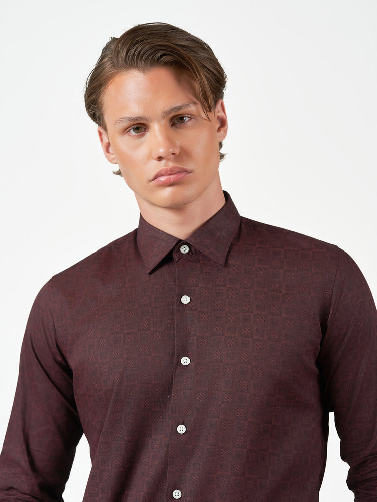 Maroon Textured Party Wear Long Sleeve Shirt