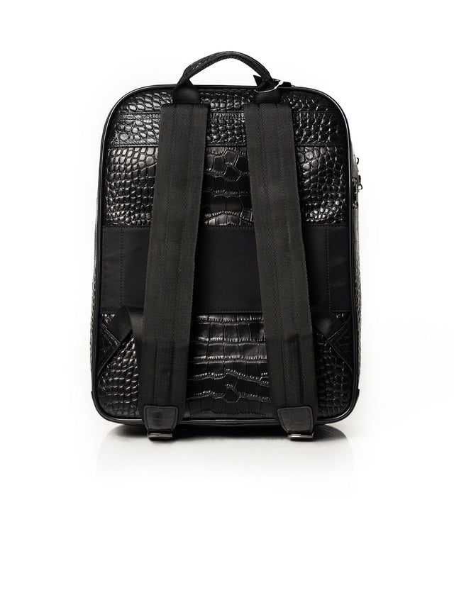 Black Crocodile Embossed Full-Grain Leather Travel Backpack