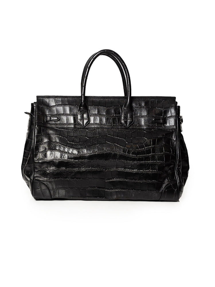 Black Crocodile Embossed Full-Grain Leather Travel Bag