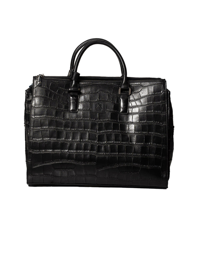 Black Crocodile Embossed Full-Grain Leather Travel & Messenger Bag