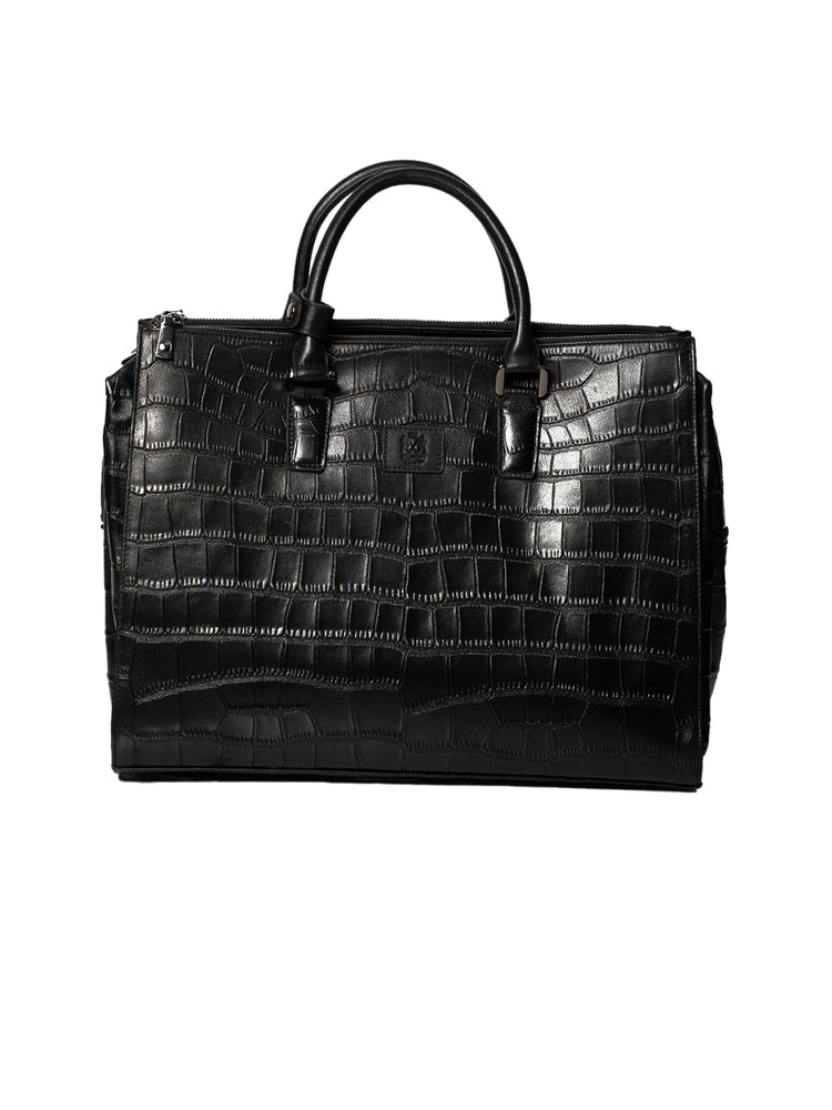 Black Crocodile Embossed Full-Grain Leather Travel & Messenger Bag