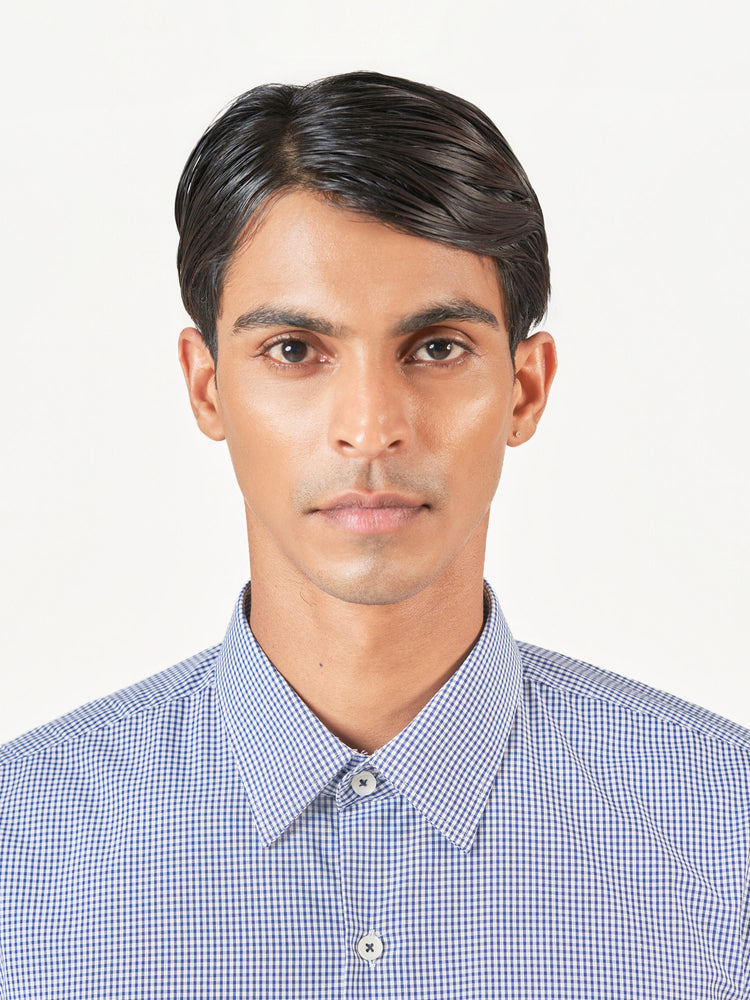 Blue Check Cotton Blend Slim Fit Formal Shirt