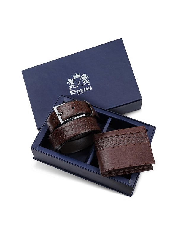 Men’s Coffee Brown Leather Belt with Wallet Set