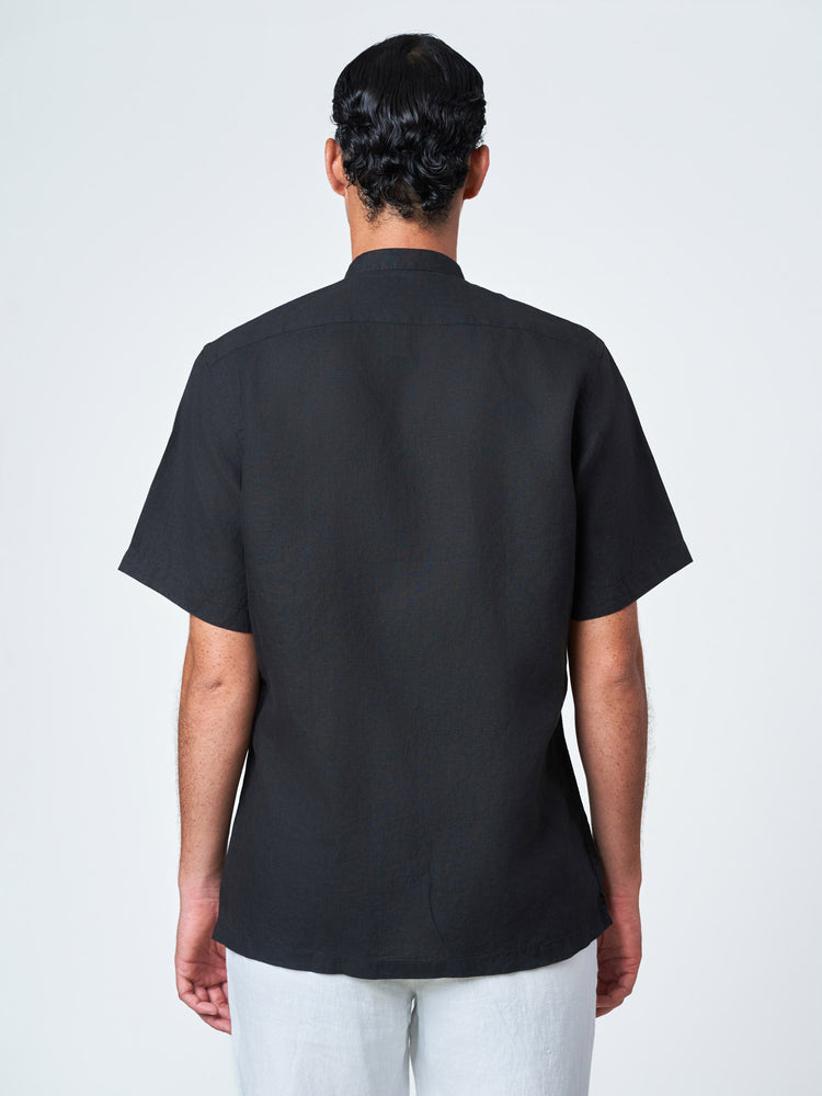 Black Plain Short Sleeve Tunic Collar Shirt