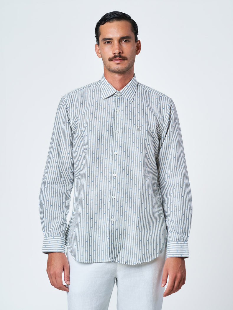 Grey Striped Long Sleeve Linen Shirt