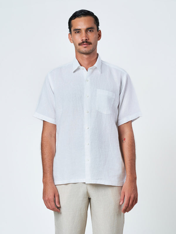 White Short Sleeve Linen Plain Shirt