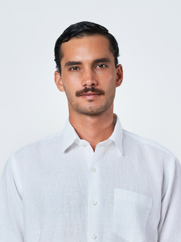 White Short Sleeve Linen Plain Shirt