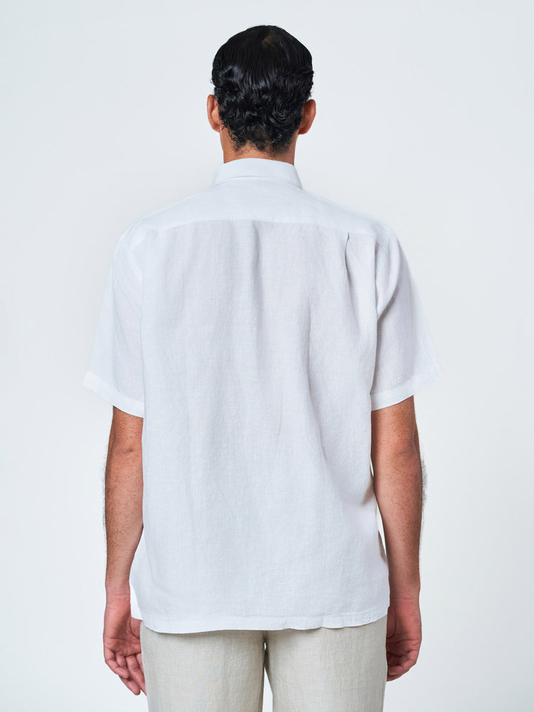 White Short Sleeve Linen Plain Shirt