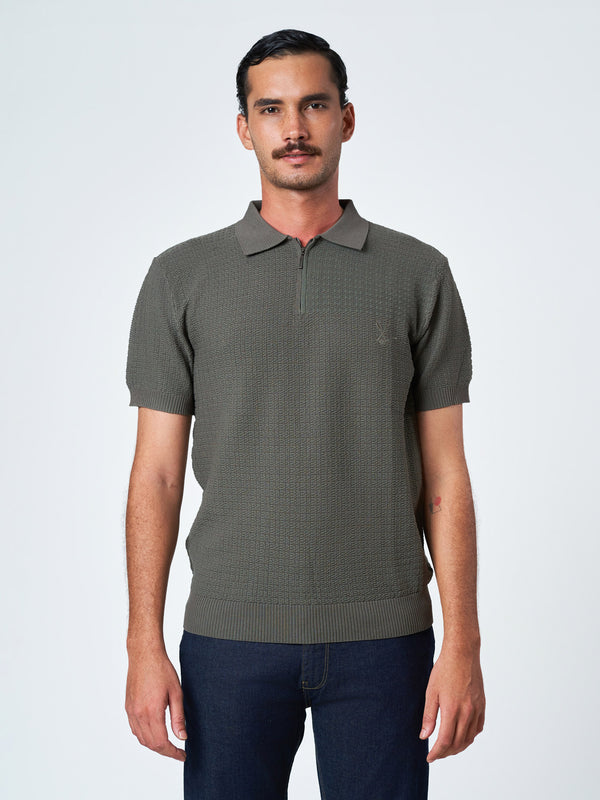 Grey Textured Polo Short Sleeve T-Shirt with Zip