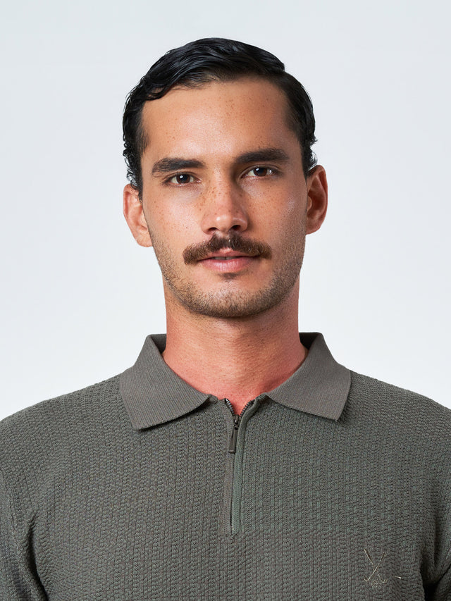 Grey Textured Polo Short Sleeve T-Shirt with Zip