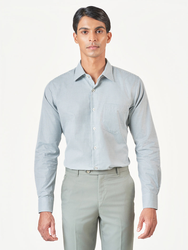 Green Check Cotton Blend Slim Fit Shirt