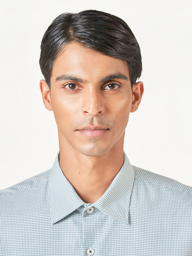 Green Check Cotton Blend Slim Fit Shirt