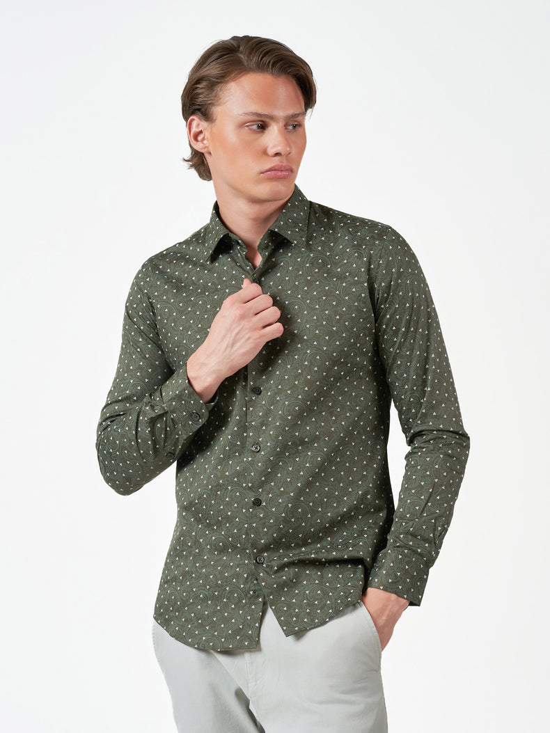 Blackish Green Print Party Cotton Long Sleeve Shirt