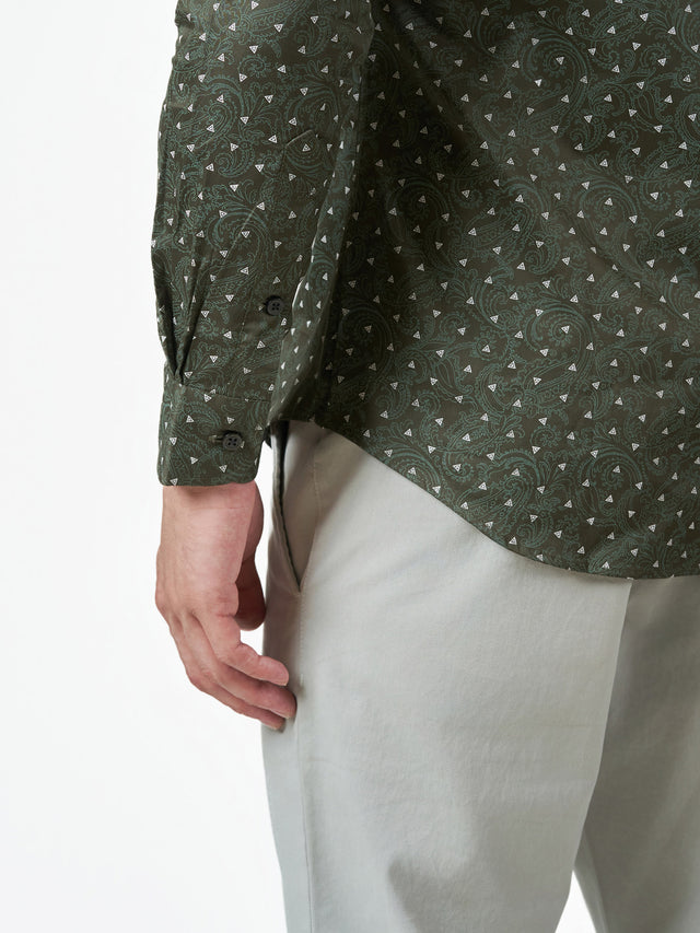 Blackish Green Print Party Cotton Long Sleeve Shirt