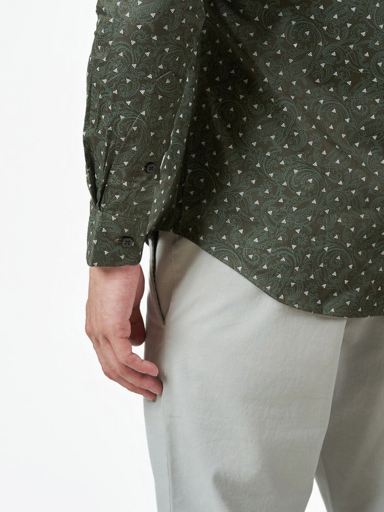 Blackish Green Print Party Cotton Long Sleeve Shirt