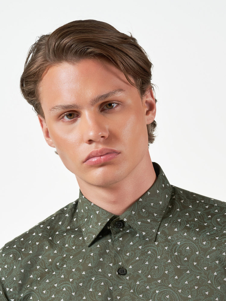Blackish Green Print Party Cotton Long Sleeve Shirt