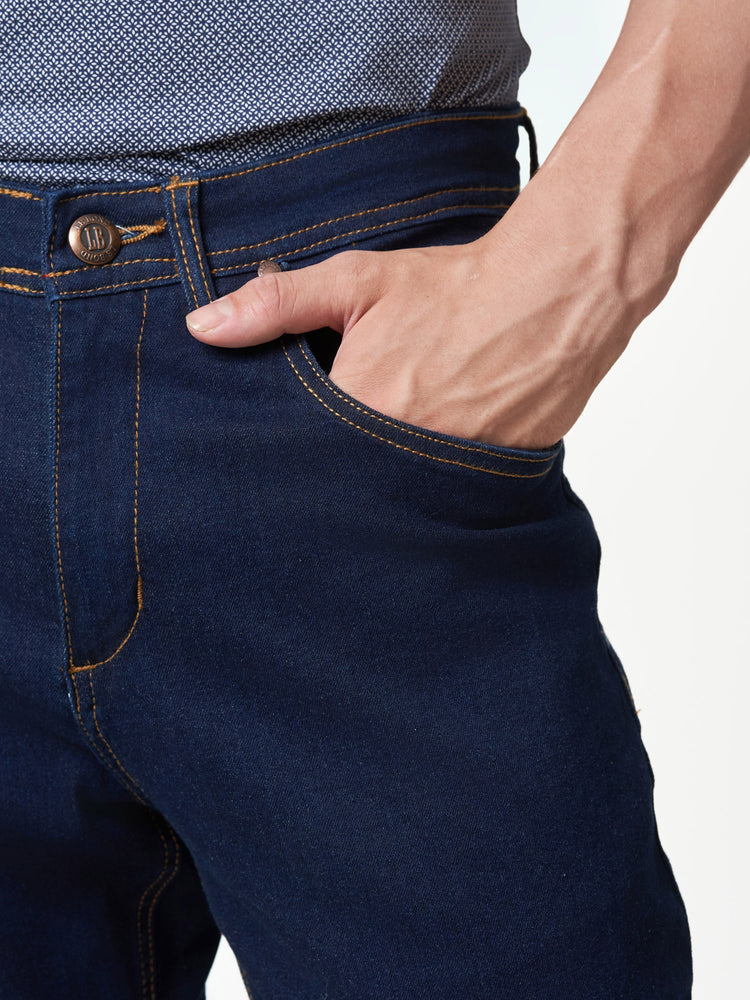 Dark Blue Faded Stretch Cotton Blend Jeans