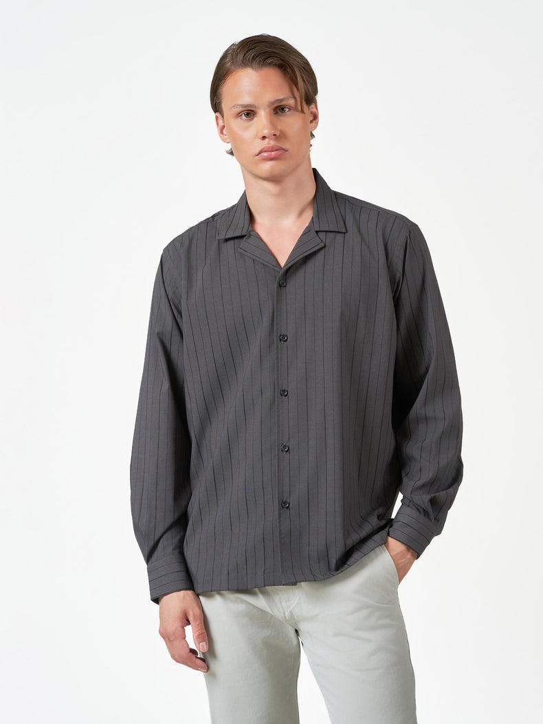 Dark Grey Pencil Stripe Casual Long Sleeve Shirt Regular Fit