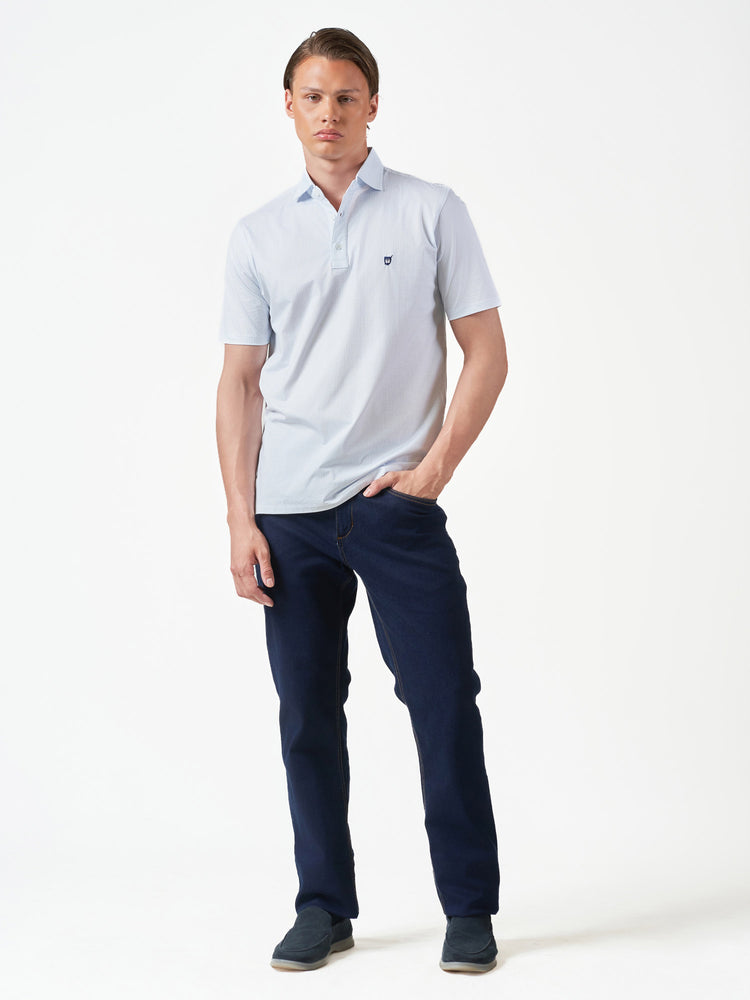 Light Blue Printed Cotton Stretch Short Sleeve T-Shirt