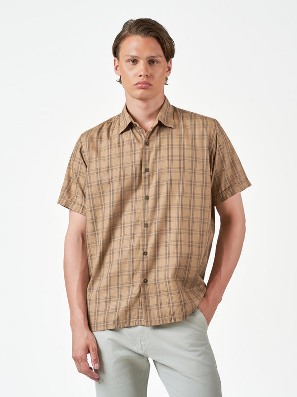 Brown Check Casual Regular Fit Cotton Short Sleeve Shirt