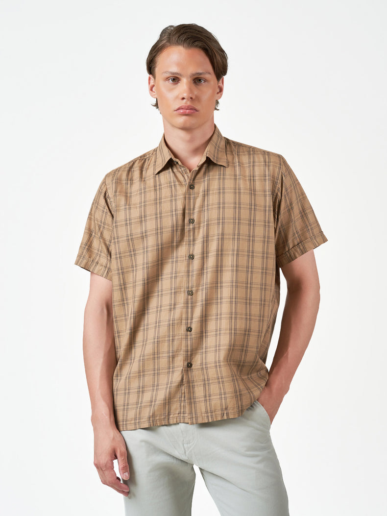 Brown Check Casual Regular Fit Cotton Short Sleeve Shirt