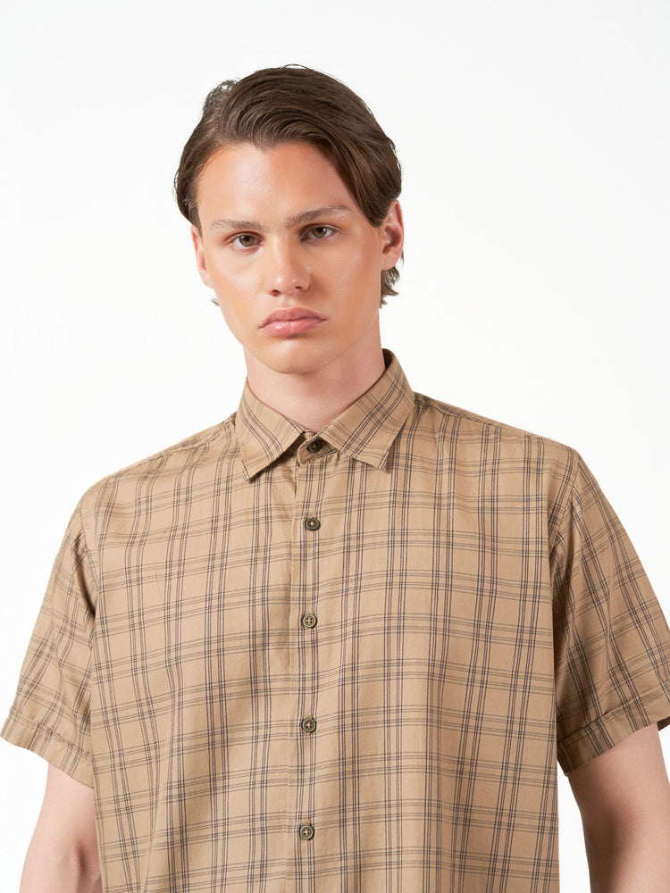 Brown Check Casual Regular Fit Cotton Short Sleeve Shirt