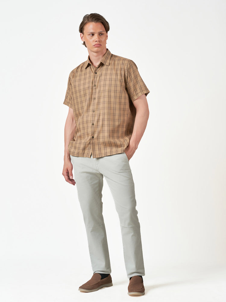 Brown Check Casual Regular Fit Cotton Short Sleeve Shirt