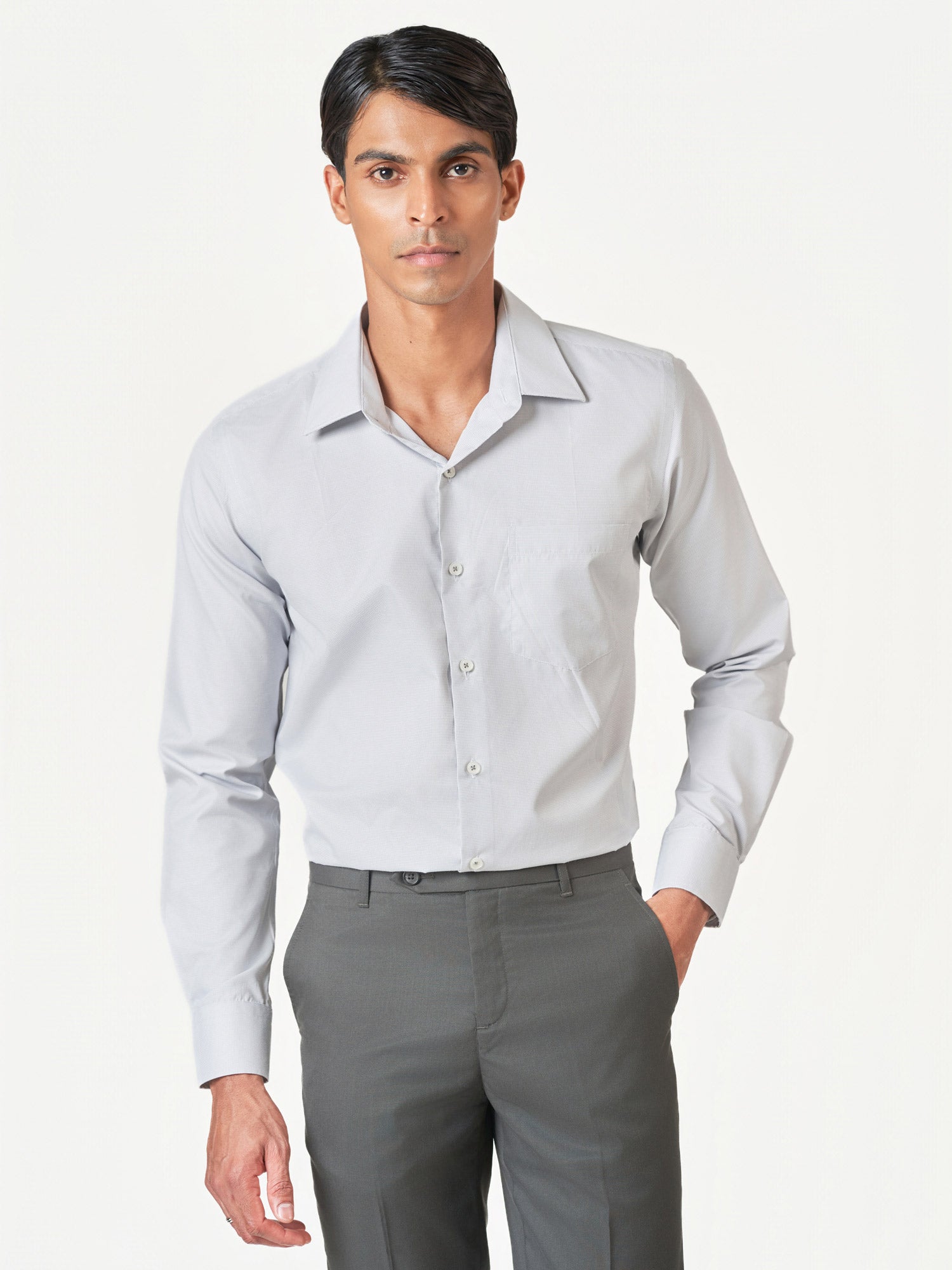 Light Grey Check Formal Cotton Blend Long Sleeve Shirt