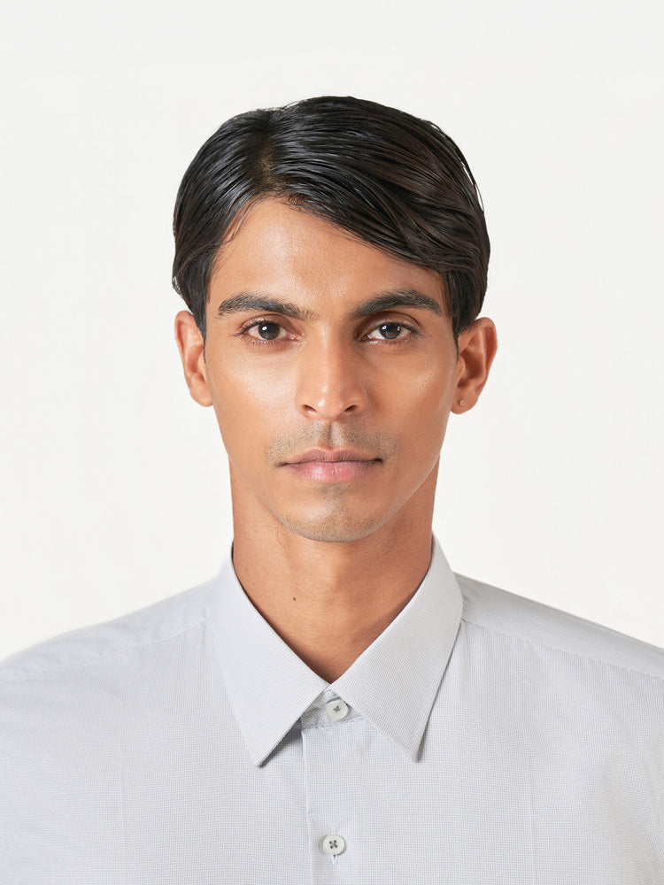 Light Grey Check Formal Cotton Blend Long Sleeve Shirt