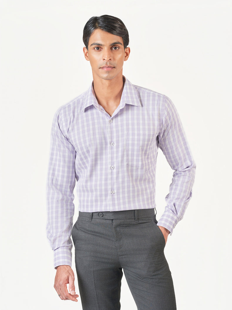 Light Purple Check Formal Cotton Lycra Long Sleeve Shirt