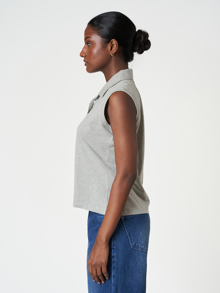Cotton Stretch Casual Light Grey Sleeveless Polo T-Shirt