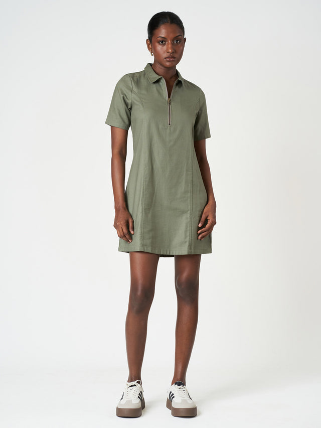 Cotton Short Sleeve Zip-Collar Mini Dress