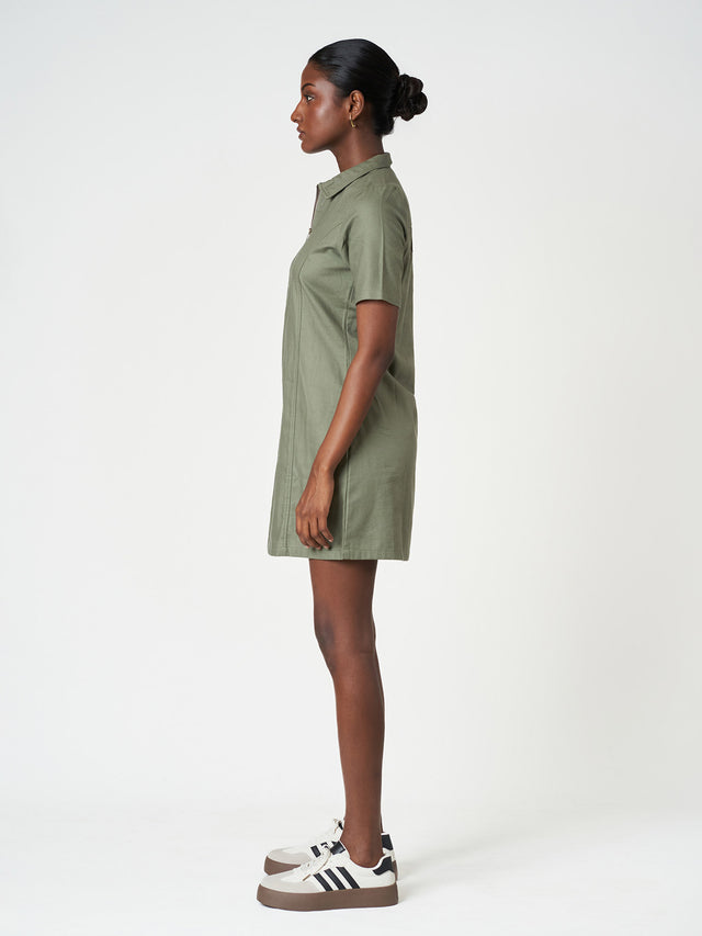 Cotton Short Sleeve Zip-Collar Mini Dress