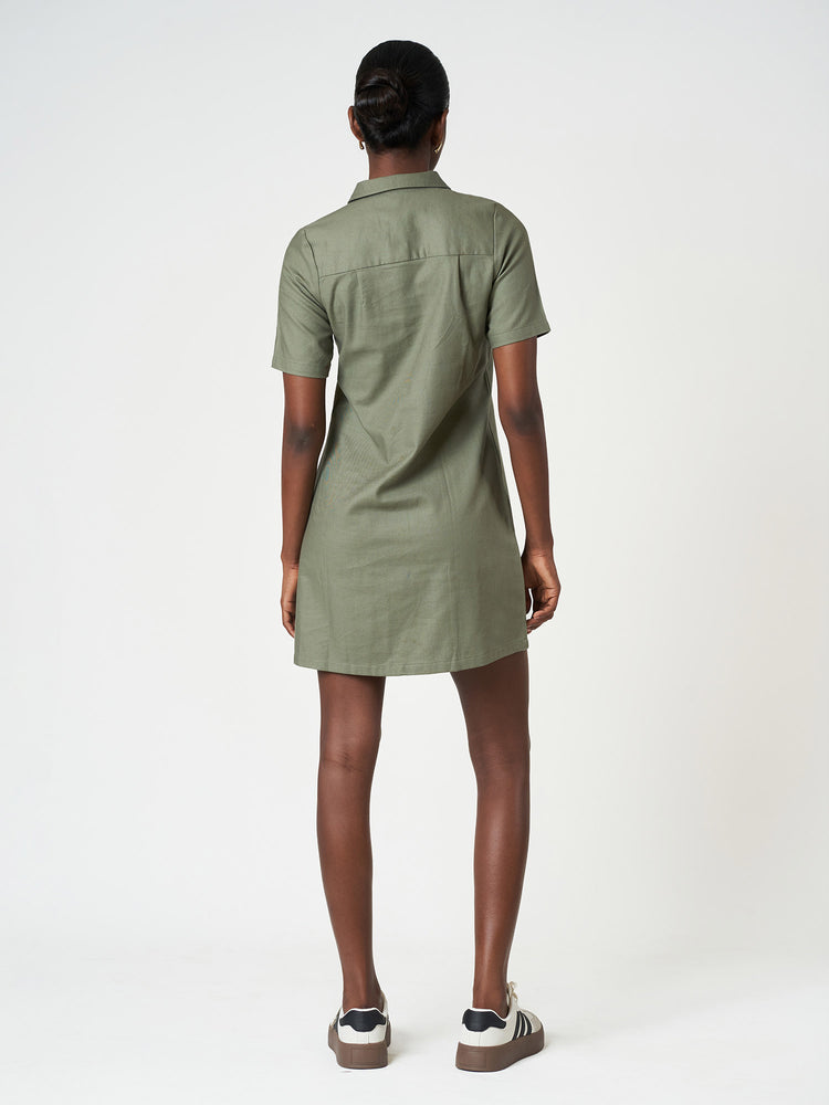 Cotton Short Sleeve Zip-Collar Mini Dress