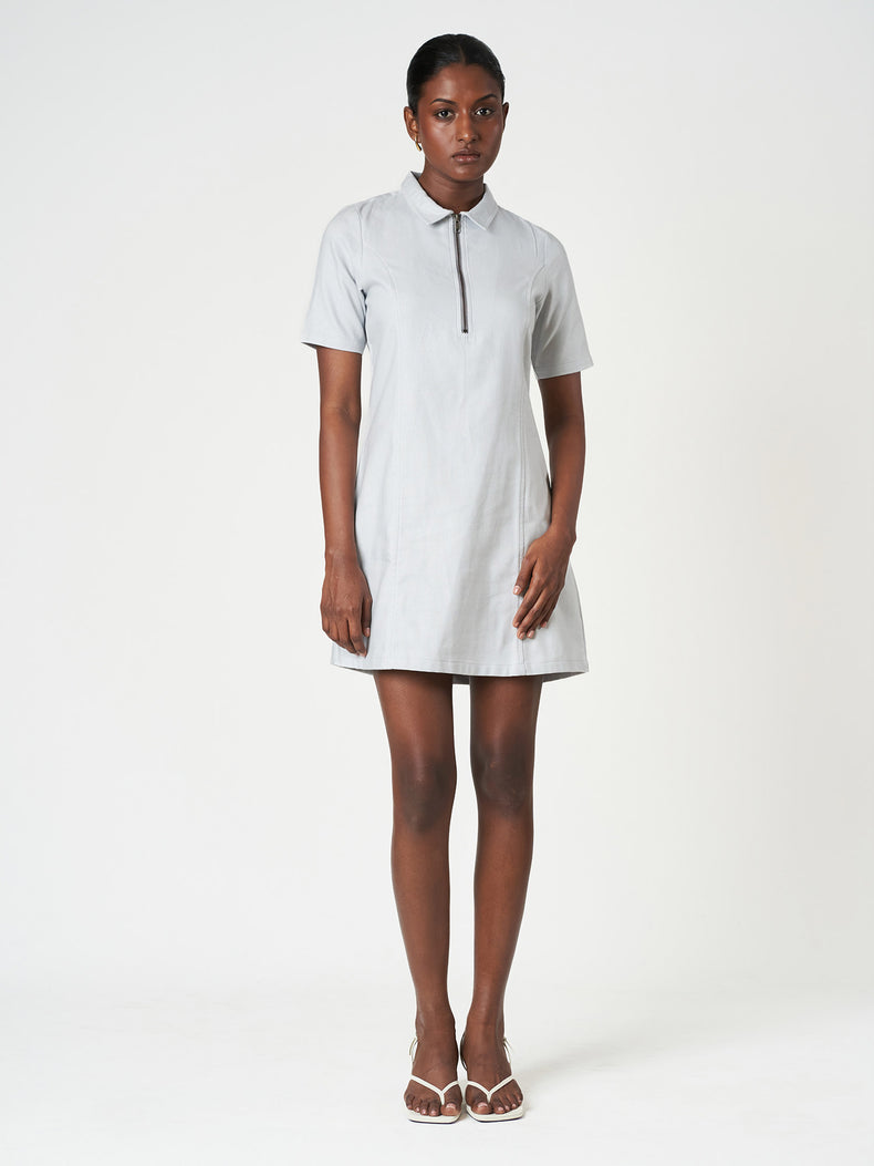 Cotton Short Sleeve Zip-Collar Mini Dress