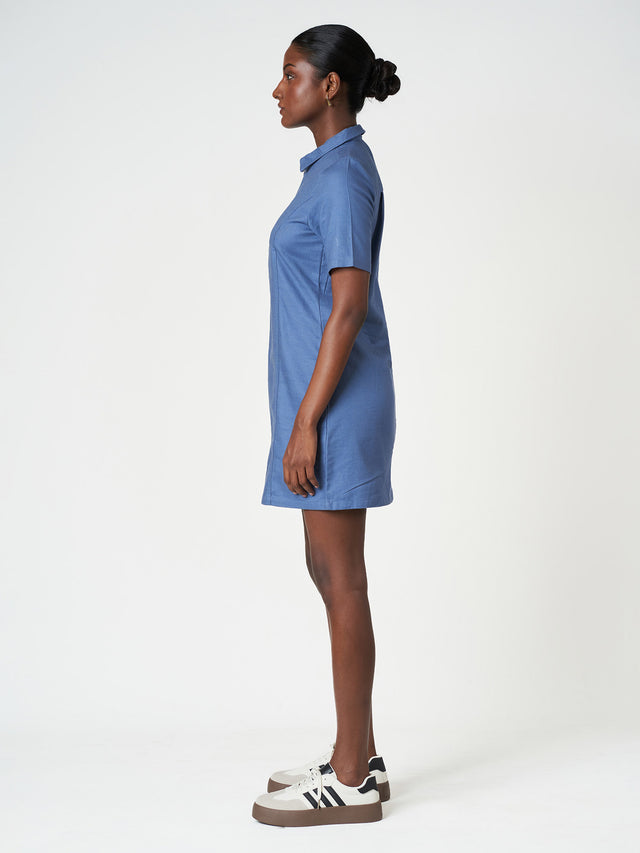 Cotton Short Sleeve Zip-Collar Mini Dress