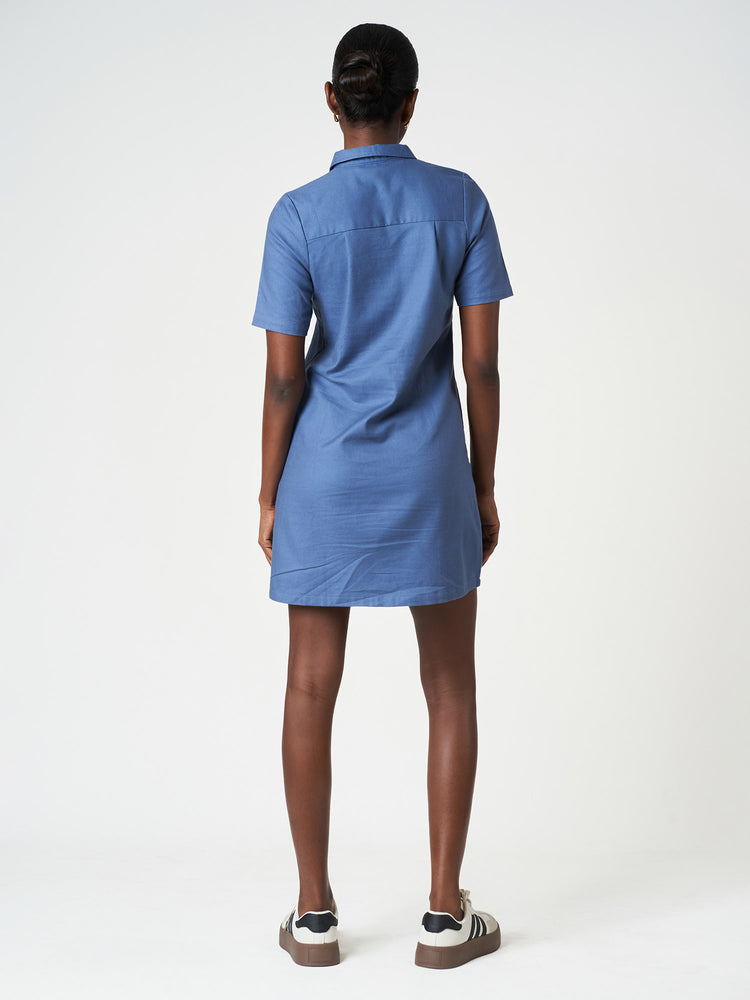 Cotton Short Sleeve Zip-Collar Mini Dress