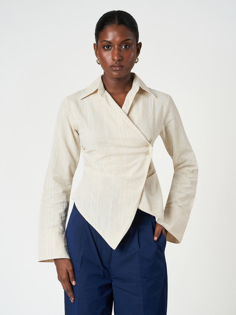 Beige Striped Long Sleeve Wrap Shirt