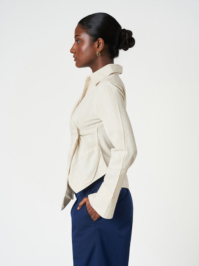 Beige Striped Long Sleeve Wrap Shirt