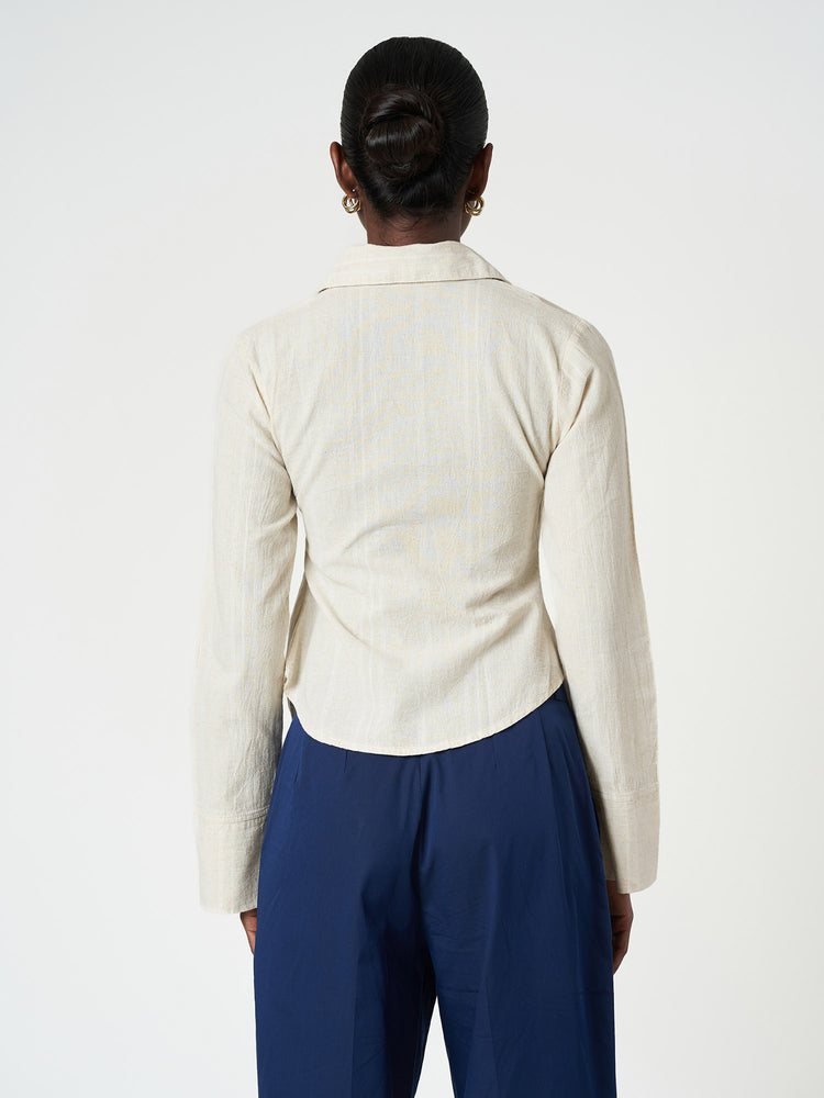 Beige Striped Long Sleeve Wrap Shirt
