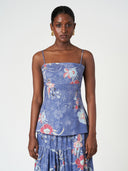 Blue Floral Cami Fitted Bodice Sleeveless Summer Top