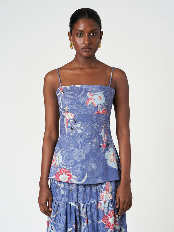 Blue Floral Cami Fitted Bodice Sleeveless Summer Top