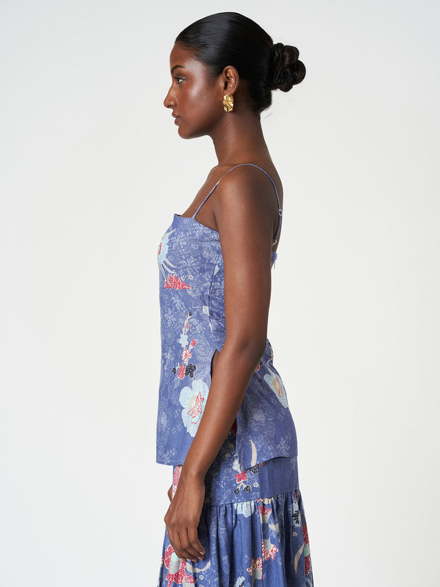 Blue Floral Cami Fitted Bodice Sleeveless Summer Top
