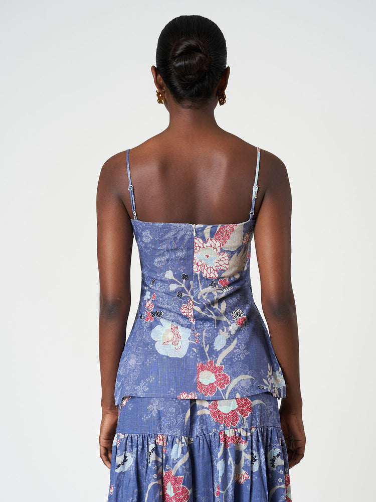 Blue Floral Cami Fitted Bodice Sleeveless Summer Top