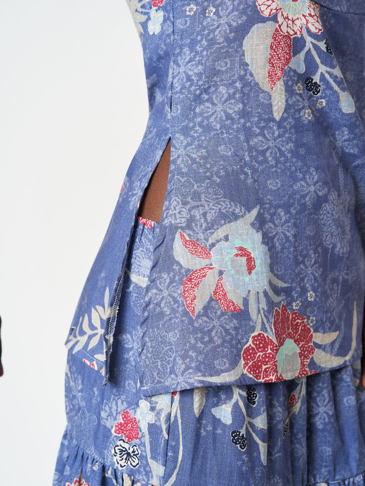 Blue Floral Cami Fitted Bodice Sleeveless Summer Top