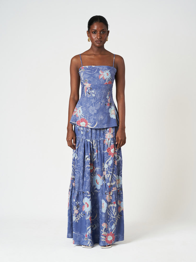 Blue Floral Cami Fitted Bodice Sleeveless Summer Top