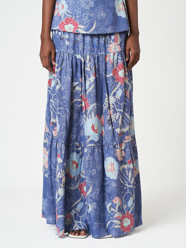 Blue Floral Tiered Maxi Relaxed Fit Flowing Skirt