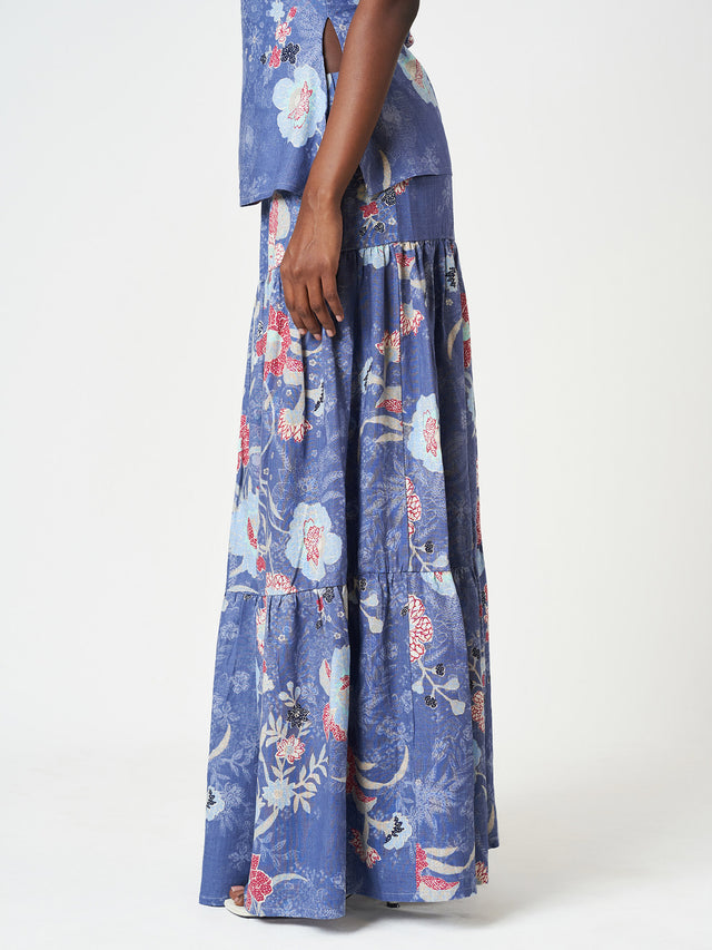 Blue Floral Tiered Maxi Relaxed Fit Flowing Skirt