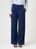 Blue Pleated High-Waisted Cotton Full Length Pants